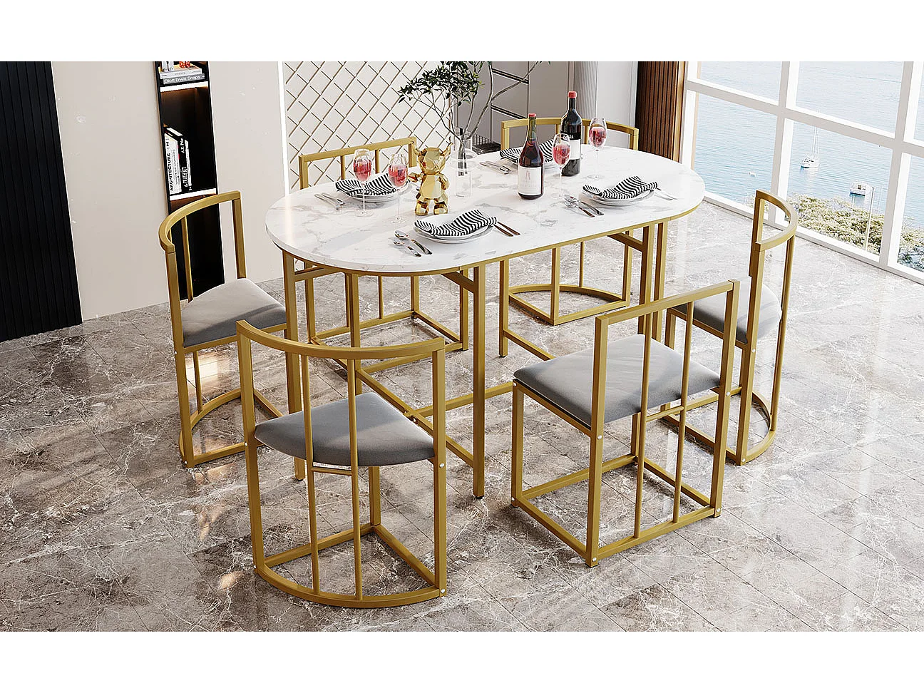 Eettafelset met 6 stoelen, witte tafel met rugleuning, stoelen en grijs kussen, goudkleurig metalen frame, MDF (140x80x76 cm)