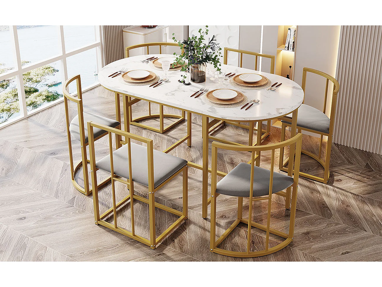 Eettafelset met 6 stoelen, witte tafel met rugleuning, stoelen en grijs kussen, goudkleurig metalen frame, MDF (140x80x76 cm)