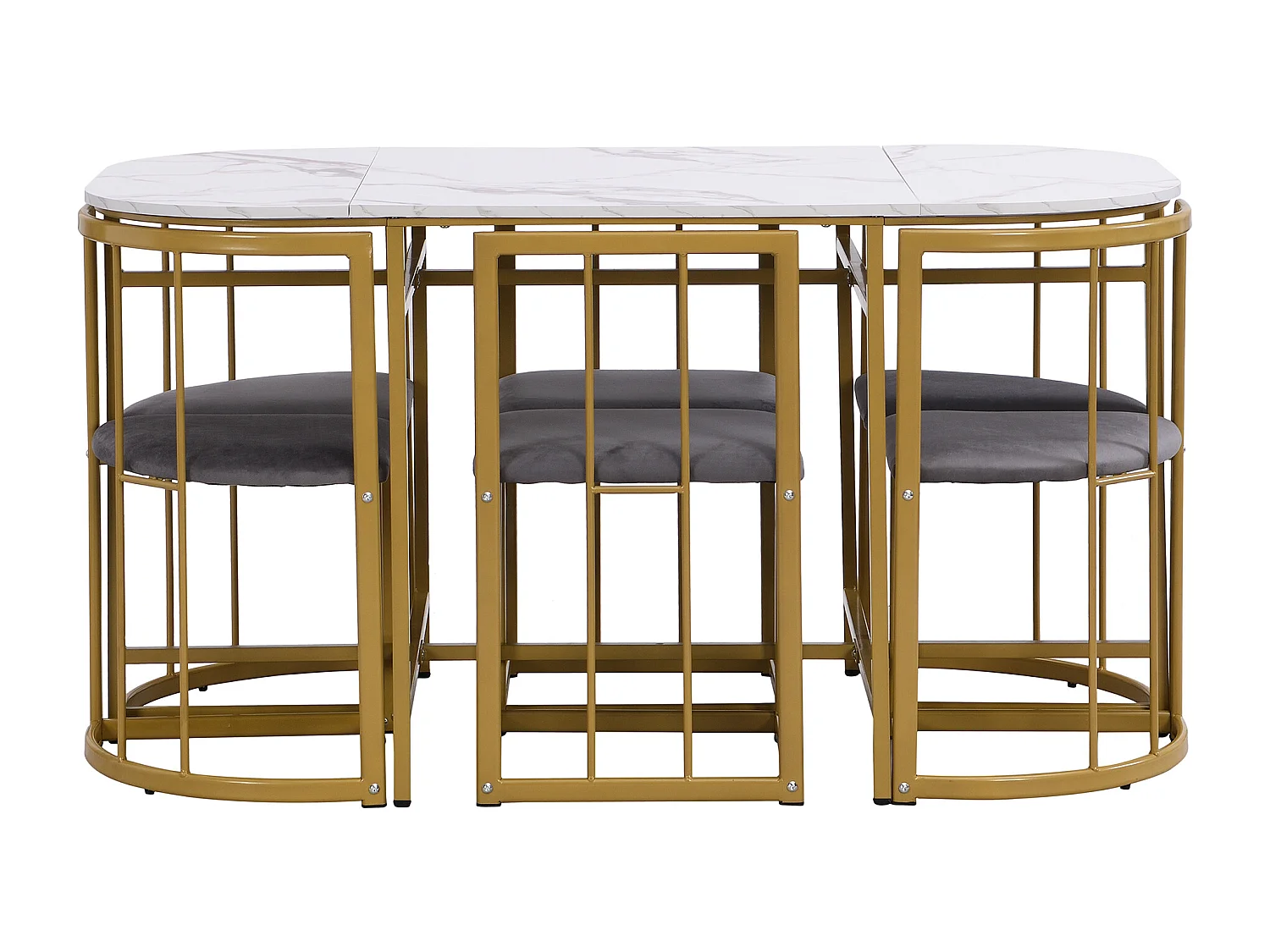 Eettafelset met 6 stoelen, witte tafel met rugleuning, stoelen en grijs kussen, goudkleurig metalen frame, MDF (140x80x76 cm)