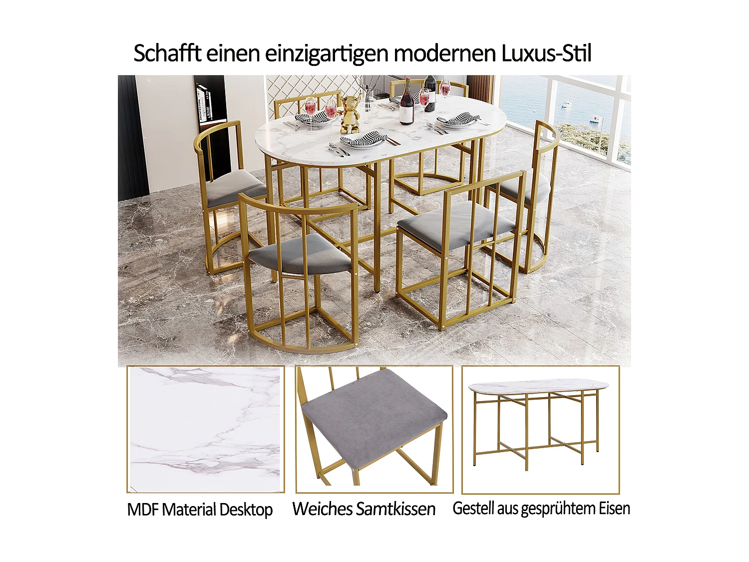 Eettafelset met 6 stoelen, witte tafel met rugleuning, stoelen en grijs kussen, goudkleurig metalen frame, MDF (140x80x76 cm)