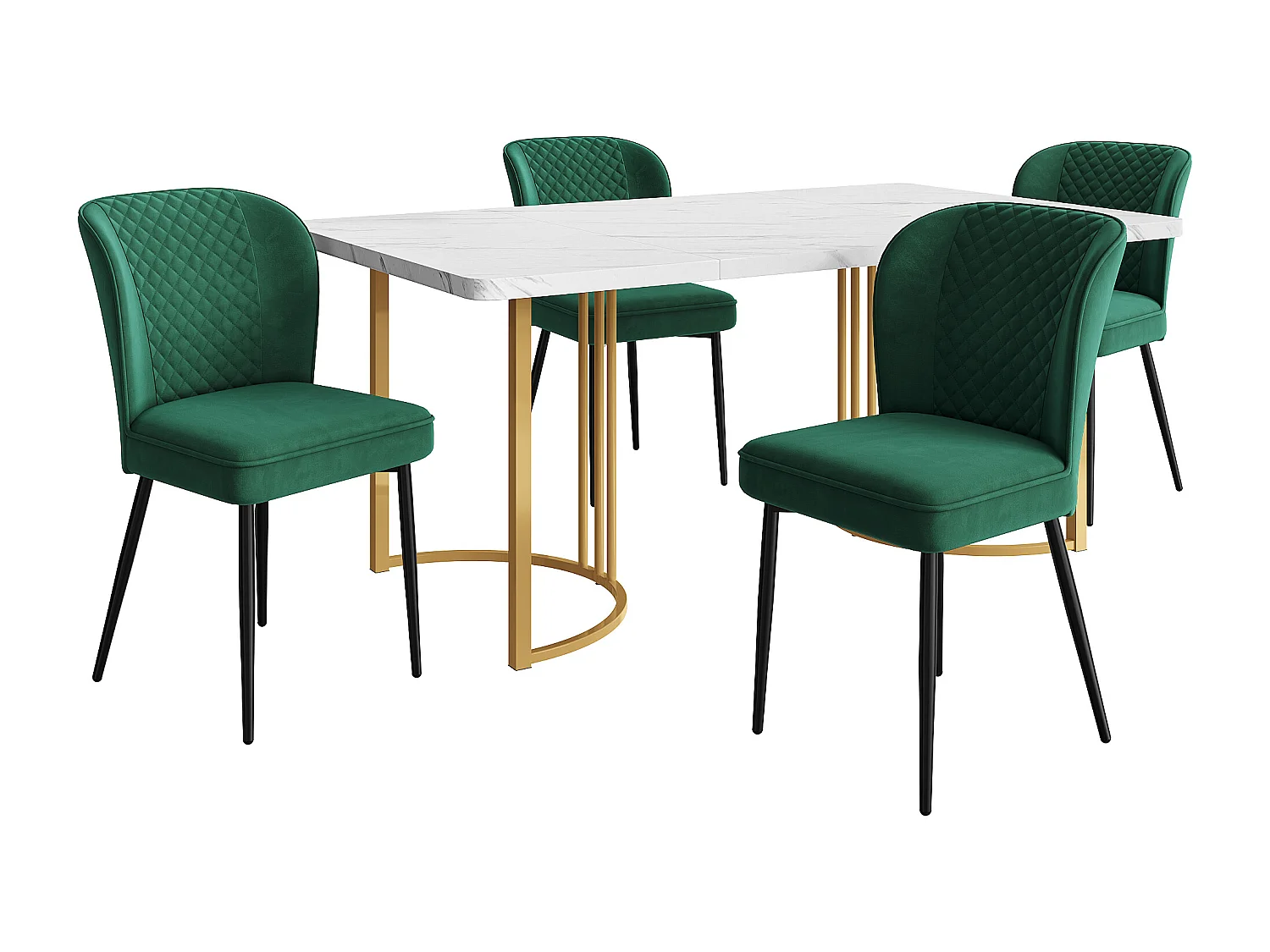 Set da pranzo, tavolo 140x80x75 cm con 4 sedie in velluto verde scuro, design moderno, gambe in metallo dorato, MDF bianco