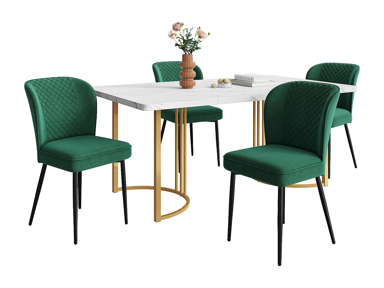 Eetkamerset, tafel 140x80x75 cm met 4 donkergroene fluwelen stoelen, modern design, gouden metalen poten, wit MDF
