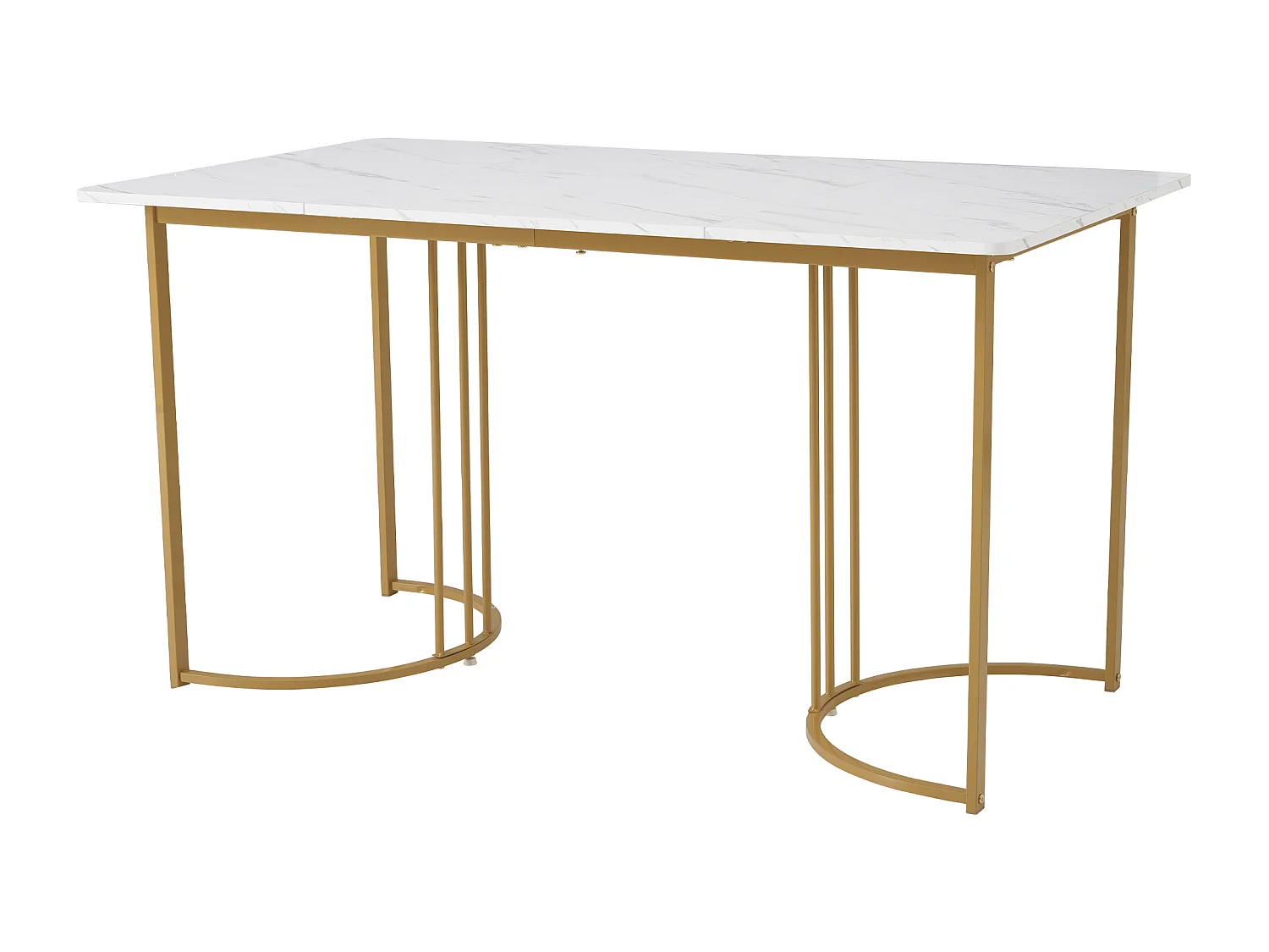 Eetkamerset, tafel 140x80x75 cm met 4 donkergroene fluwelen stoelen, modern design, gouden metalen poten, wit MDF