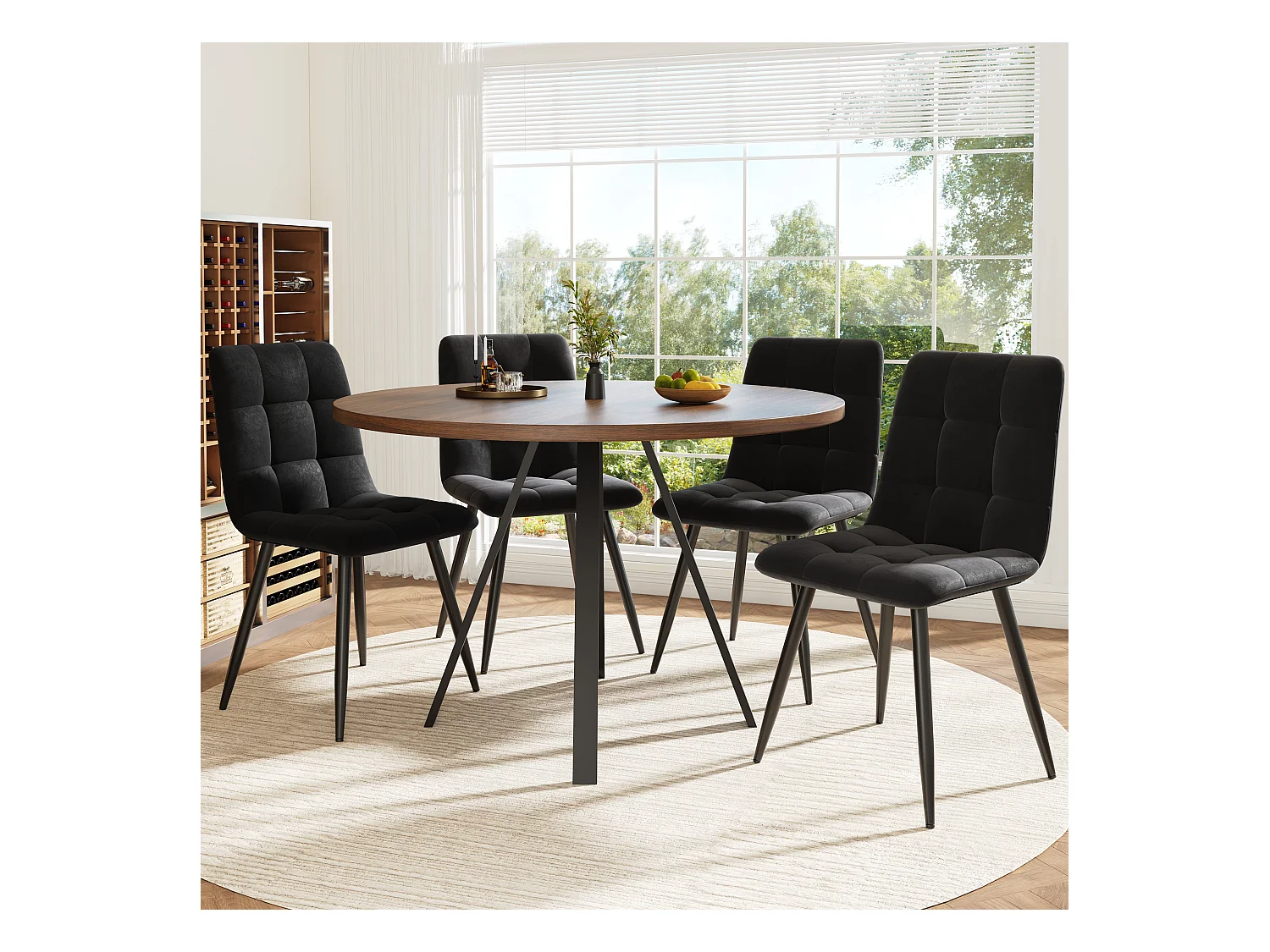 Ensemble salle à manger 7 pièces, table ronde 80x80 cm, 4 chaises velours, pied métal croisé, bois noyer (80x80x75 cm)