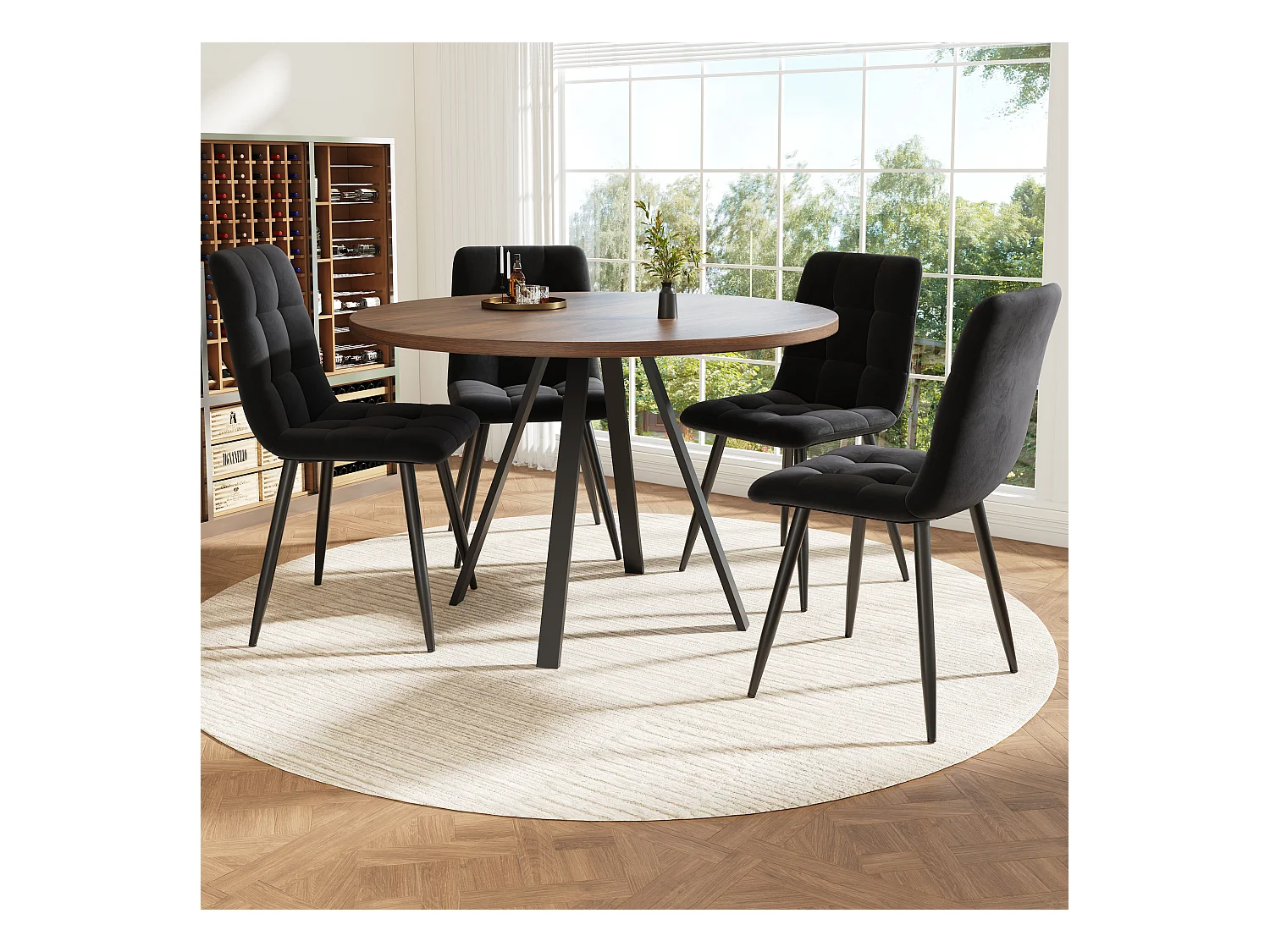 Eetkamerset 7-delig, ronde tafel 80x80 cm, 4 fluwelen stoelen, gekruiste metalen poten, walnotenhout (80x80x75 cm)