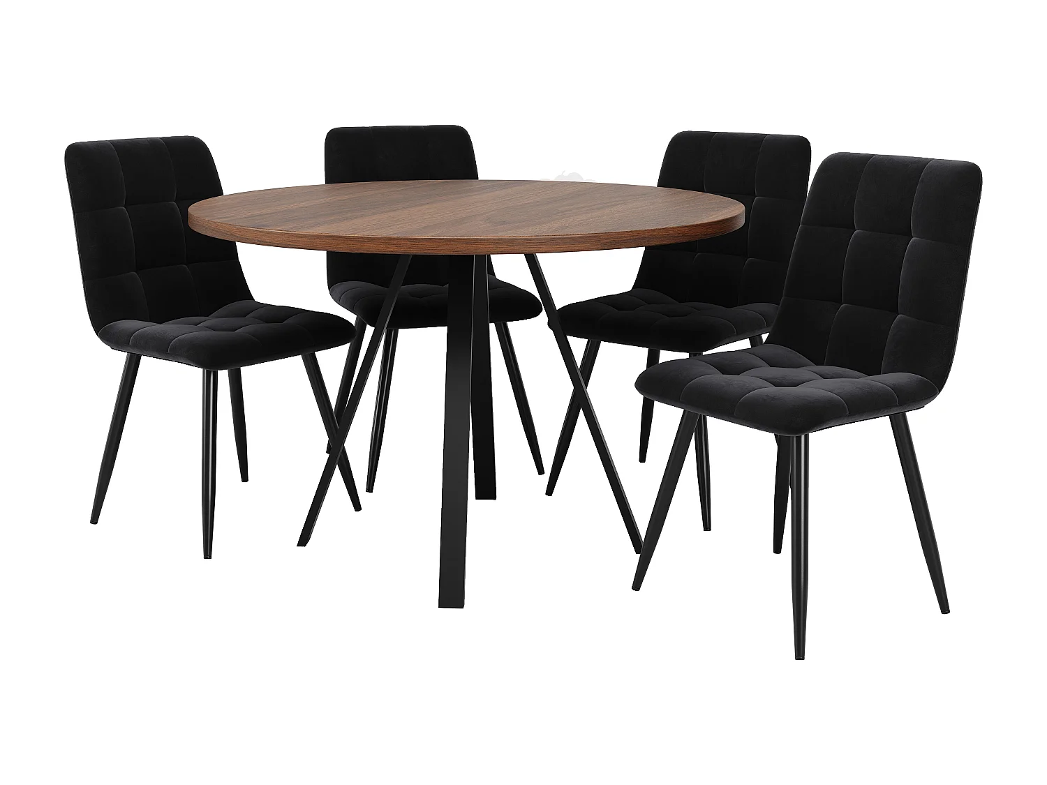 Ensemble salle à manger 7 pièces, table ronde 80x80 cm, 4 chaises velours, pied métal croisé, bois noyer (80x80x75 cm)