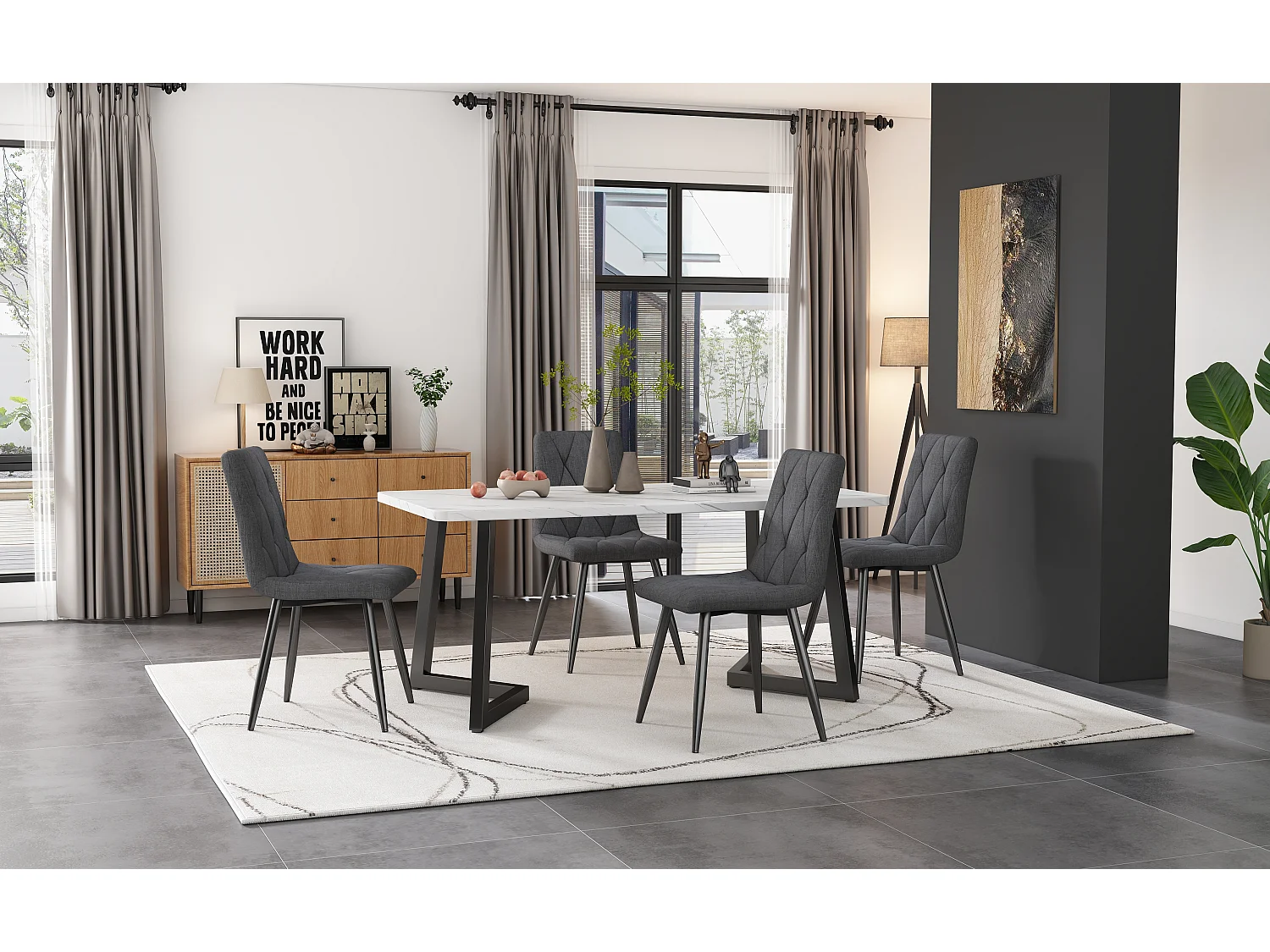 Table à manger rectangulaire avec 4 chaises, design moderne, MDF, tissu lin beige, pieds noirs, (117x68x75 cm)