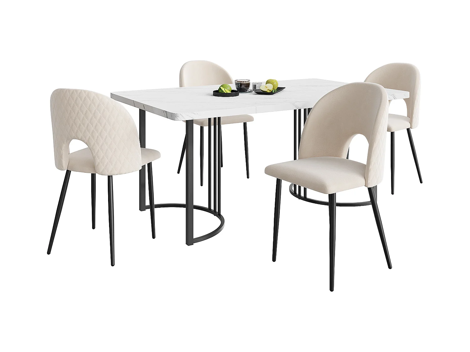 Ensemble de salle à manger (5 pièces), table 140x80 cm avec 4 chaises en velours beige, pieds noirs et dorés, MDF blanc (140x80x75 cm)