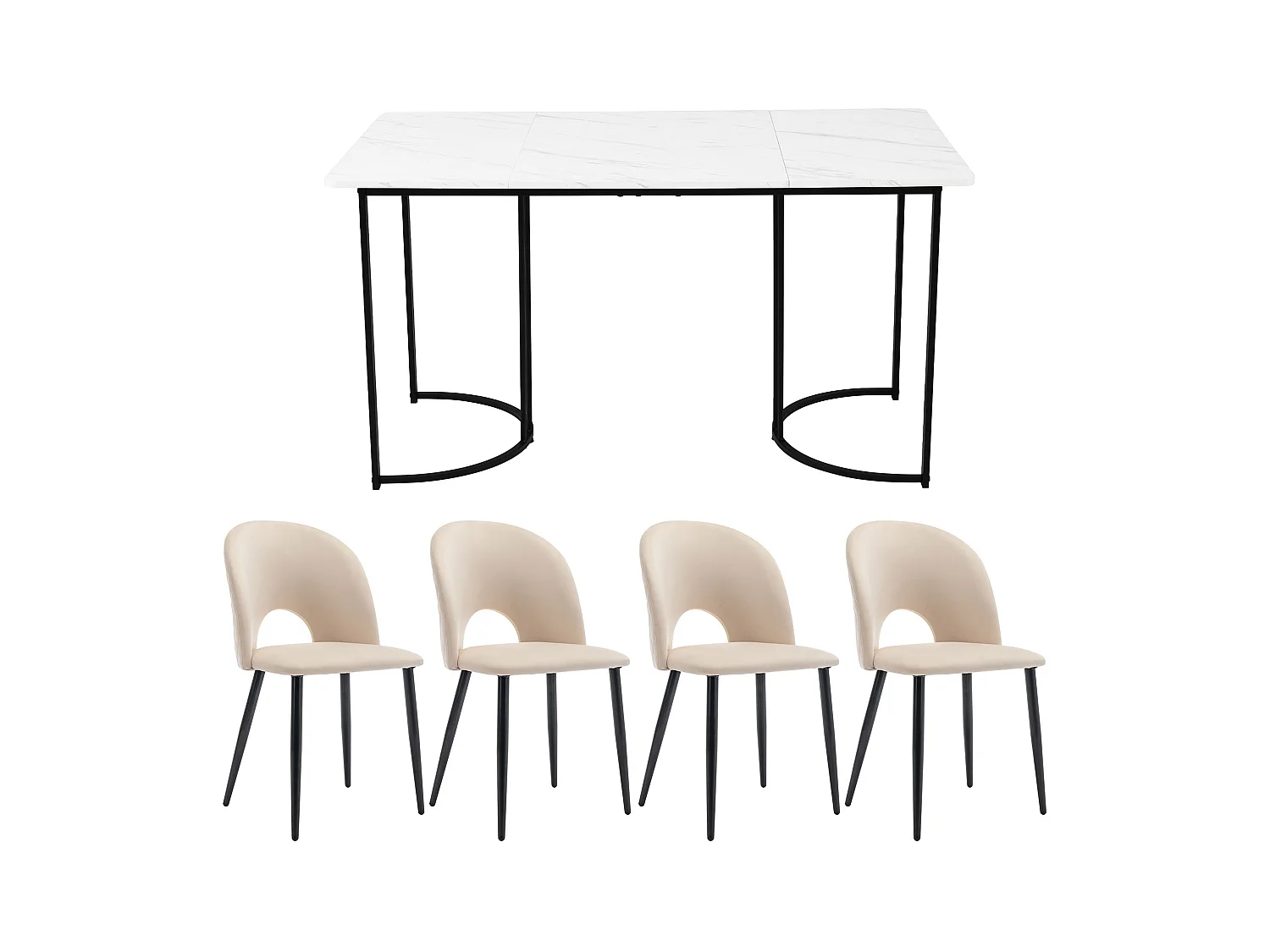 Ensemble de salle à manger (5 pièces), table 140x80 cm avec 4 chaises en velours beige, pieds noirs et dorés, MDF blanc (140x80x75 cm)