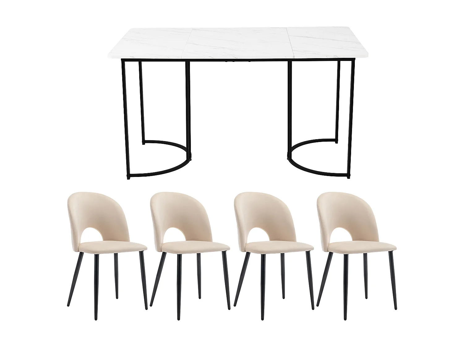 Set da pranzo (5 pezzi), tavolo 140x80 cm con 4 sedie in velluto beige, gambe nere e oro, MDF bianco (140x80x75 cm)