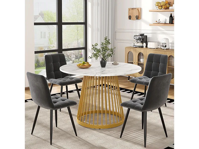 Ensemble Table à Manger Ronde avec 4 Chaises, MDF Effet Bois Noyer, Pieds Métalliques Dorés, Chaises en Velours Gris Foncé (80x80x76 cm)