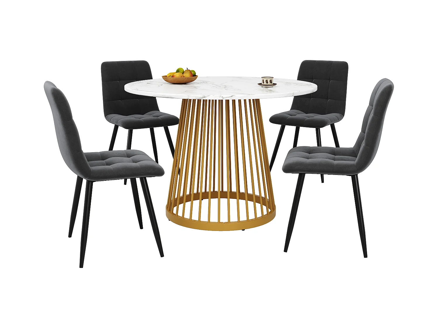 Ensemble Table à Manger Ronde avec 4 Chaises, MDF Effet Bois Noyer, Pieds Métalliques Dorés, Chaises en Velours Gris Foncé (80x80x76 cm)