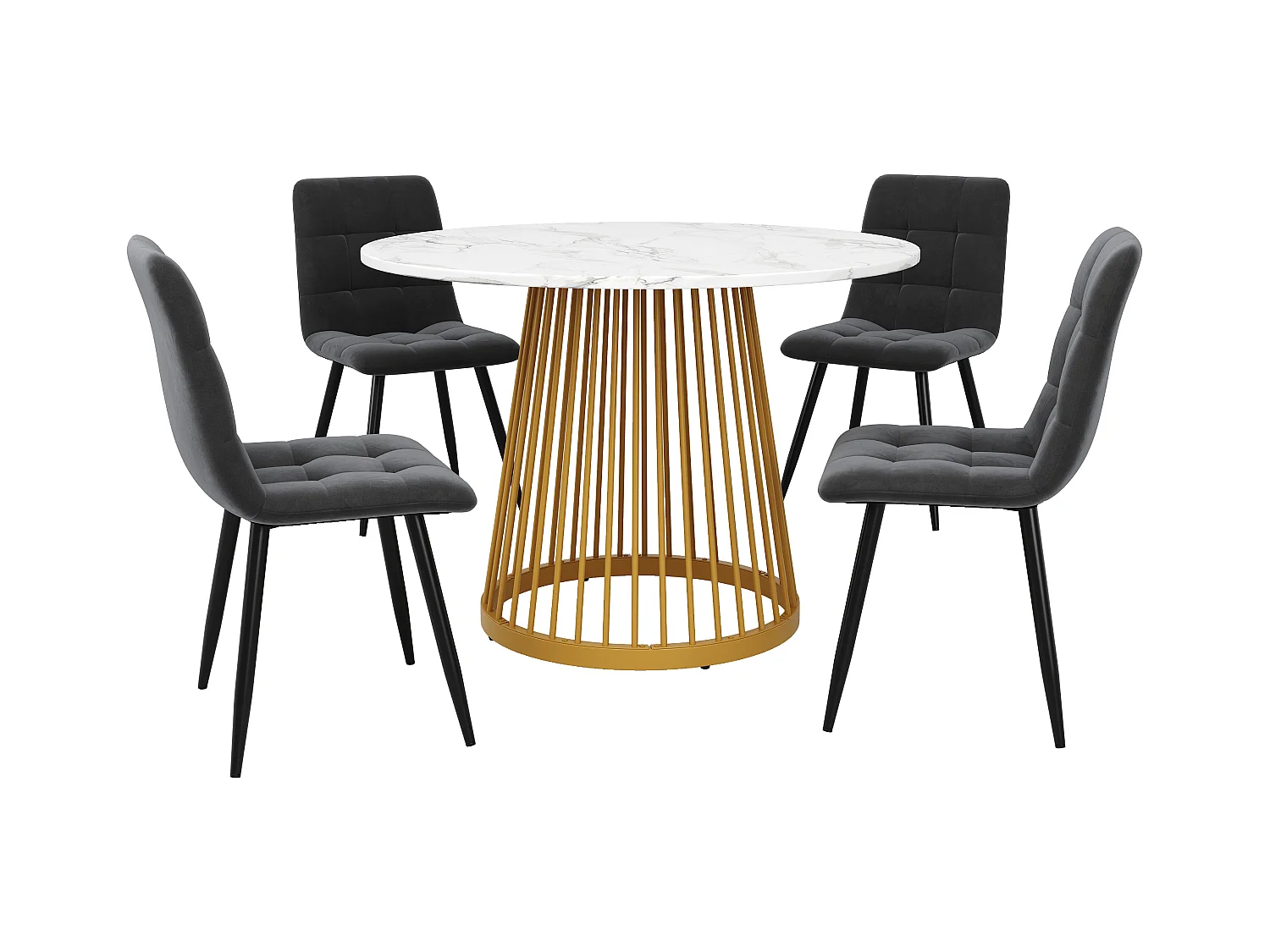 Ensemble Table à Manger Ronde avec 4 Chaises, MDF Effet Bois Noyer, Pieds Métalliques Dorés, Chaises en Velours Gris Foncé (80x80x76 cm)
