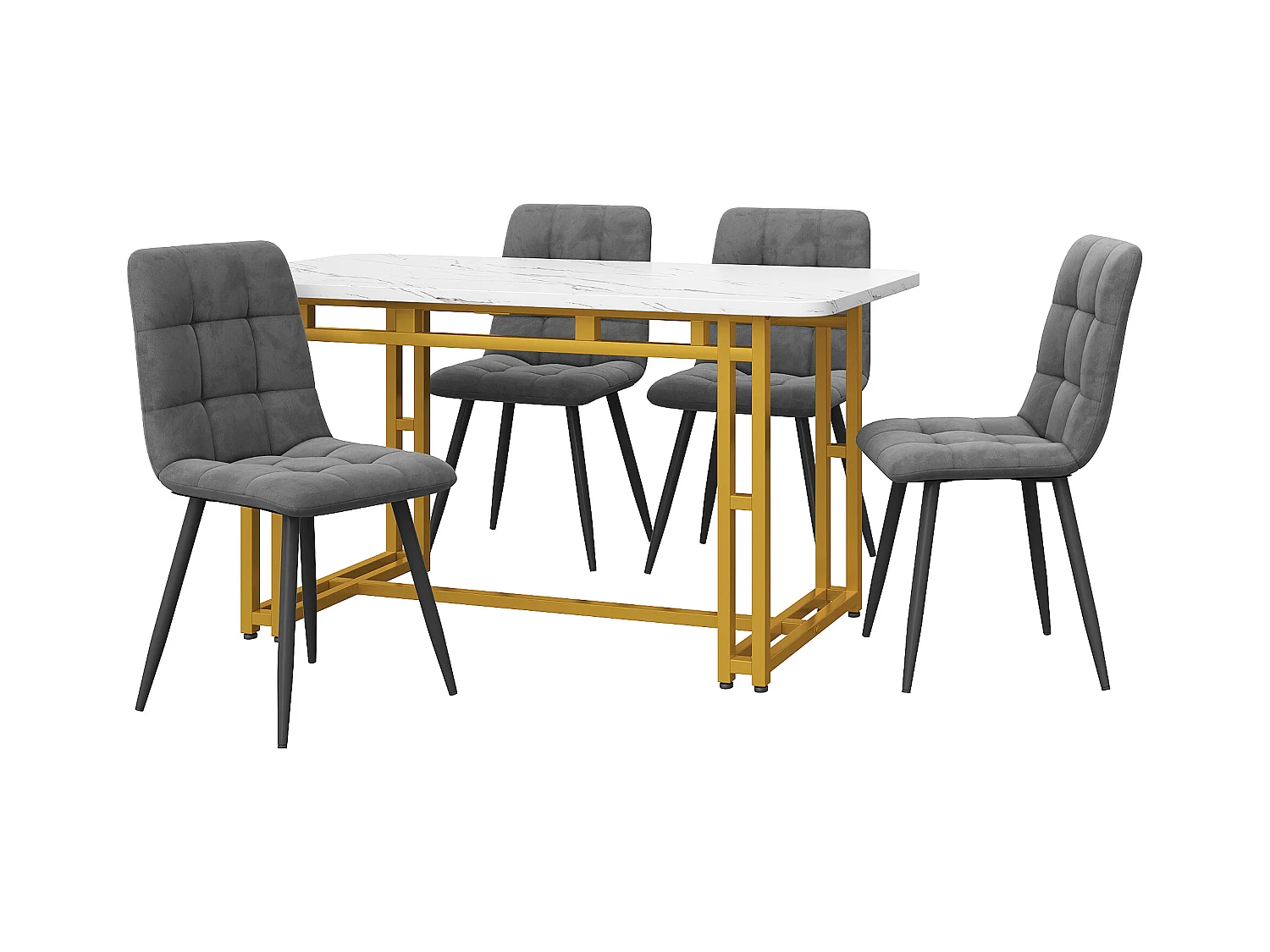 Eettafelset 120x70 cm met 4 stoelen, MDF tafel met gouden metalen poten, donkergrijze fluwelen stoelen (120x70x76 cm)