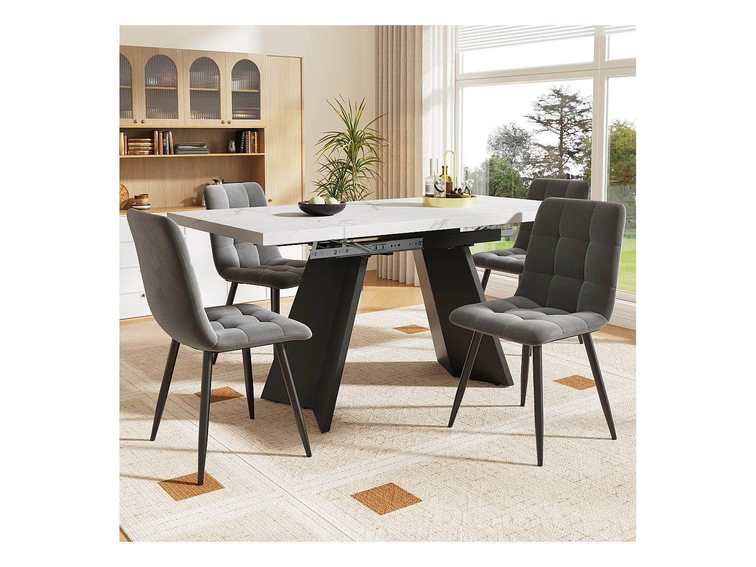 Table à manger extensible avec 4 chaises, MDF blanc, pieds métalliques, chaises en velours gris (160-179.5×80×75 cm)