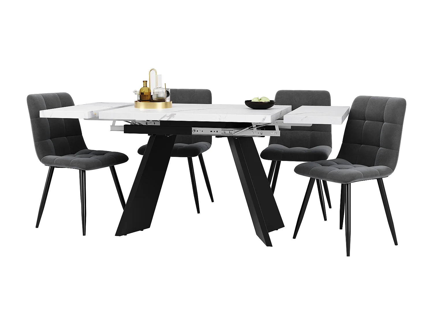 Mesa de comedor extensible con 4 sillas, MDF blanco, patas de metal, sillas de terciopelo gris (160-179,5×80×75 cm)