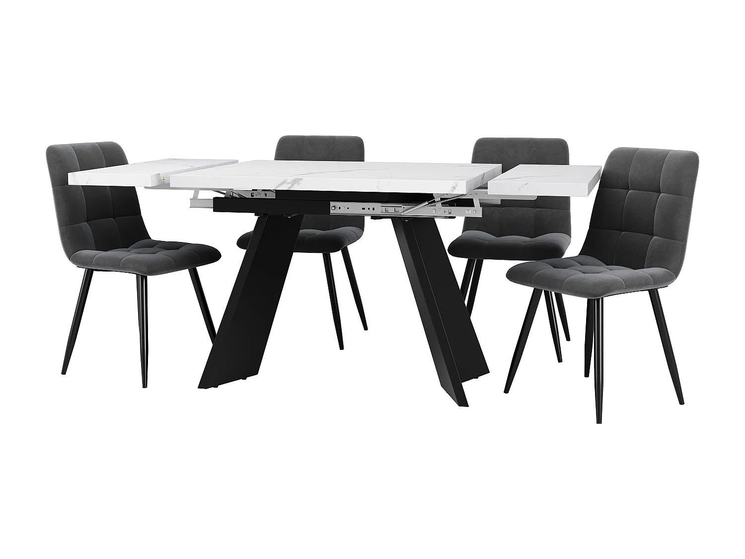 Mesa de comedor extensible con 4 sillas, MDF blanco, patas de metal, sillas de terciopelo gris (160-179,5×80×75 cm)