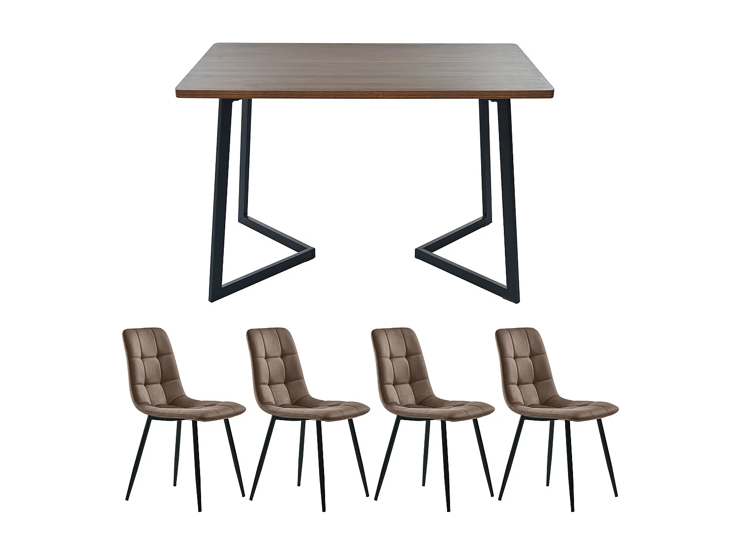 Conjunto de comedor (5 piezas), Mesa 140x80 cm con 4 sillas de terciopelo marrón, patas de metal negro, MDF blanco (140x80x75 cm)