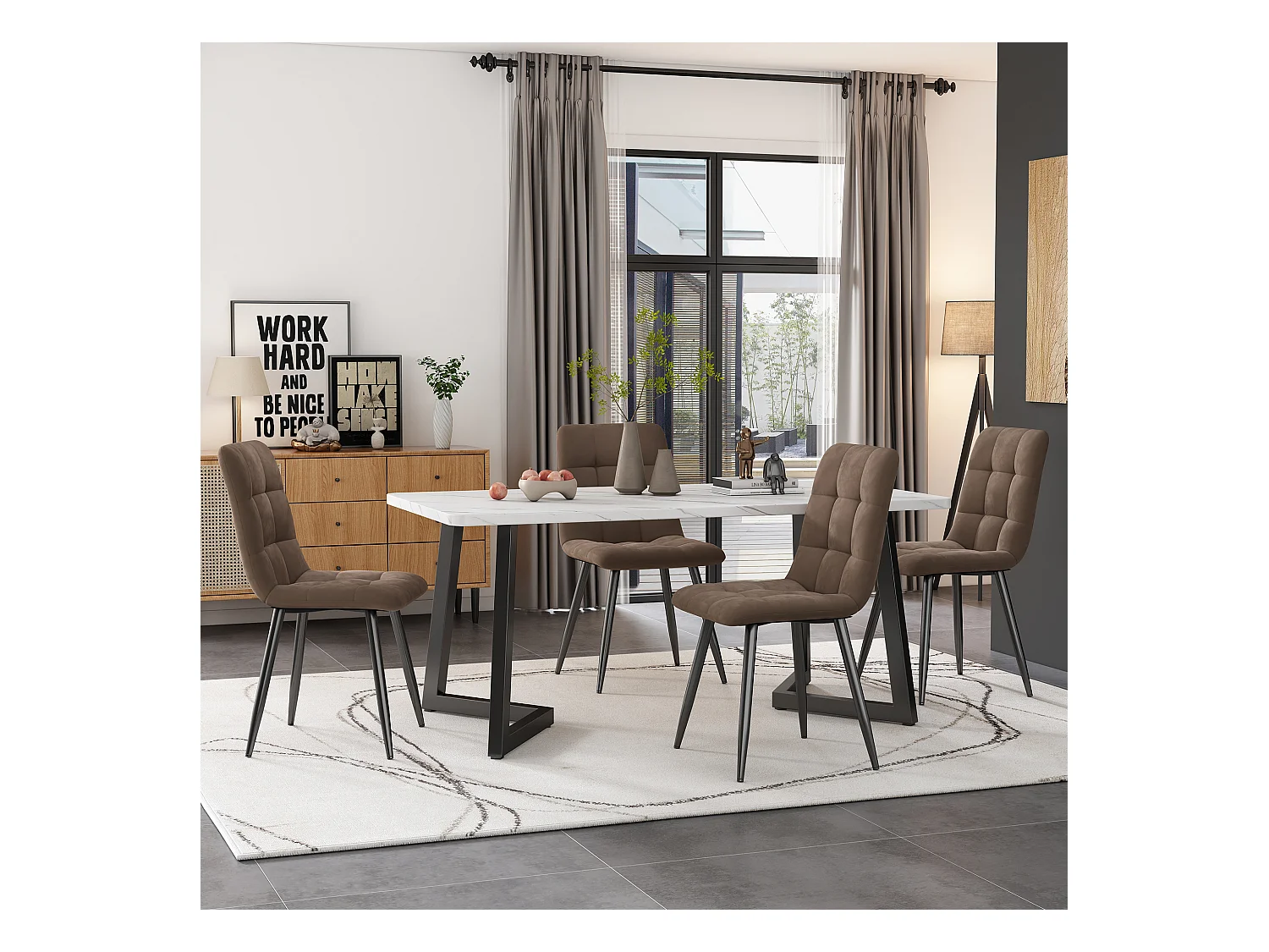 Set da pranzo da 5 pezzi, tavolo rettangolare con 4 sedie in velluto marrone, gambe in metallo nero, MDF bianco (117x68x75 cm)