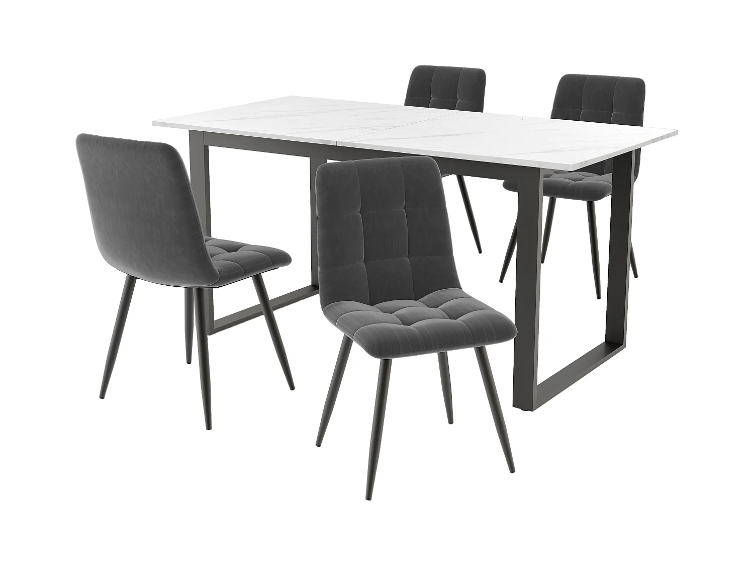 Conjunto de comedor de 5 piezas, mesa moderna 140x80x75 cm con 8 sillas, MDF blanco, patas de metal negro, sillas de terciopelo gris