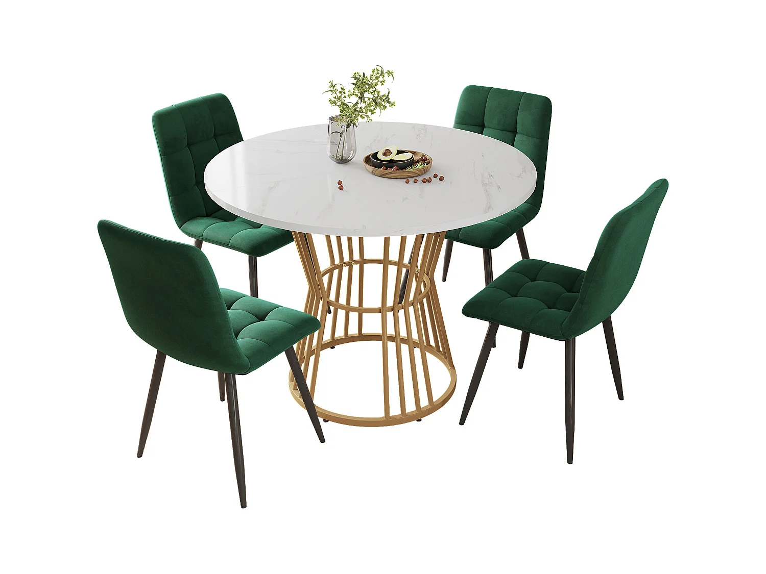 Ensemble de Table à Manger (5 pièces), Table ronde 100 cm avec pieds métalliques dorés et 4 chaises en velours vert (100x100x75 cm)