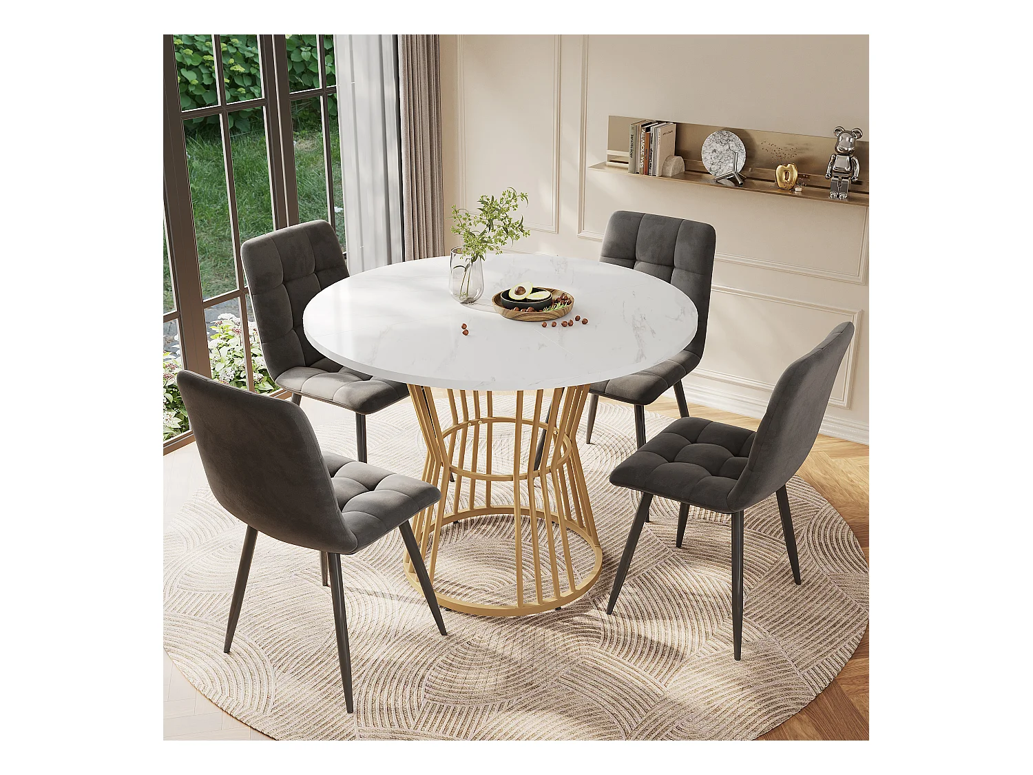 Lot table à manger avec 4 chaises, table ronde 100 cm, pieds métalliques dorés, plateaux MDF blancs, chaises velours gris foncé (100x100x75 cm)