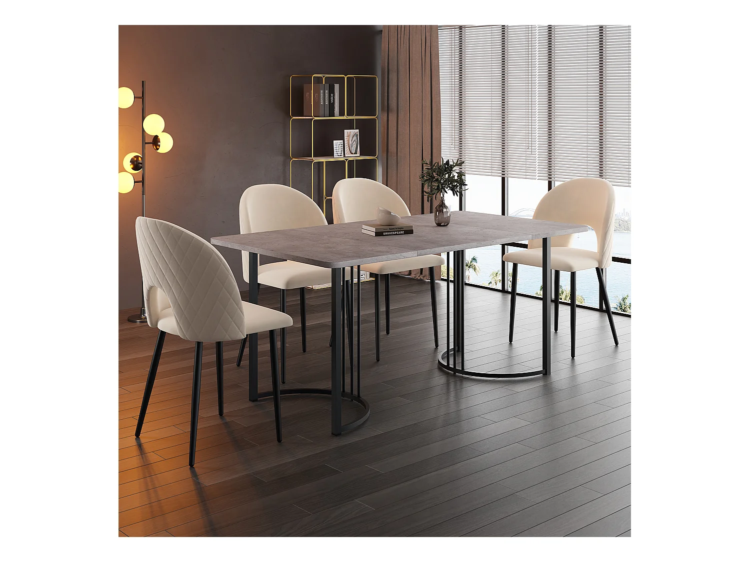 Eetkamerset 140x80x75 cm, witte MDF tafel met 4 grijze fluwelen stoelen, zwarte en gouden metalen poten (140x80x75 cm)