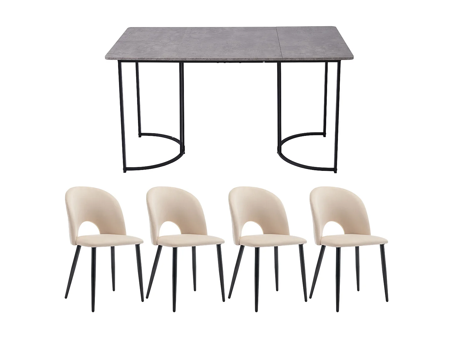 Set da pranzo 140x80x75 cm, tavolo in MDF bianco con 4 sedie in velluto grigio, gambe in metallo nero e oro (140x80x75 cm)