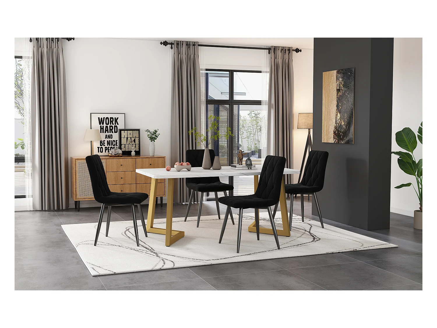 ensemble de salle à manger (5-tlg), 117x68 cm Esstisch avec 4 Chaises, Table Rectangulaire Moderne, MDF, Noyer et Noir, Pieds Métalliques Dorés