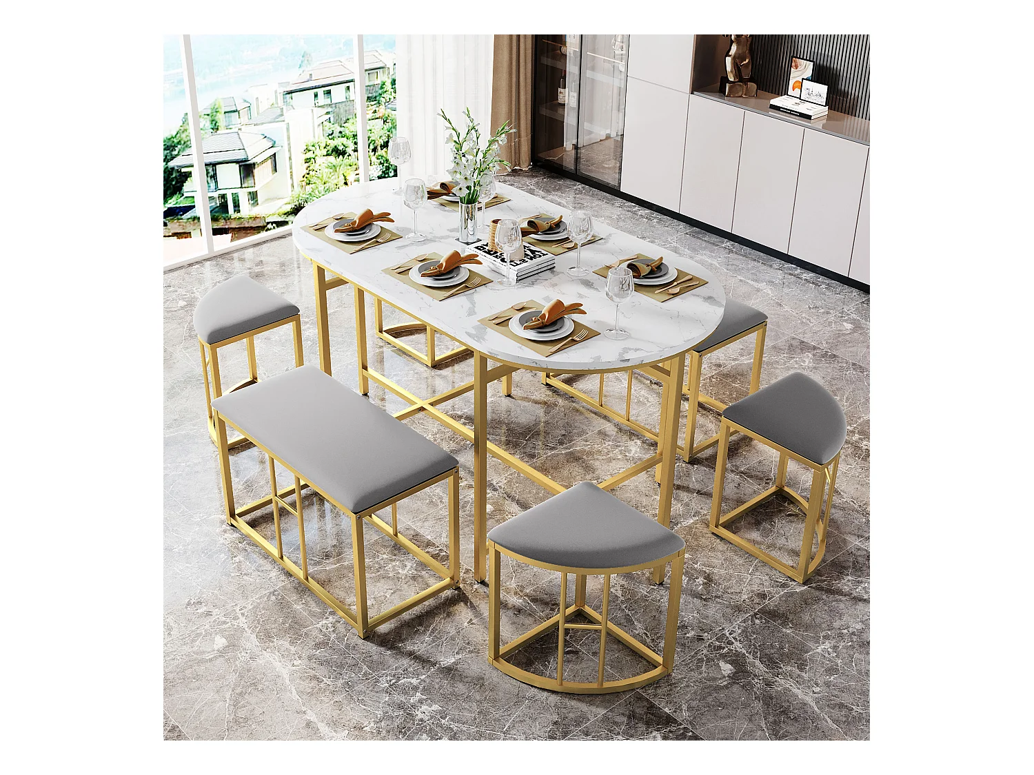 Eetkamerset met 6 krukken, witte MDF tafel en goudkleurig metalen frame, met fluwelen kussens (140x70x76 cm)