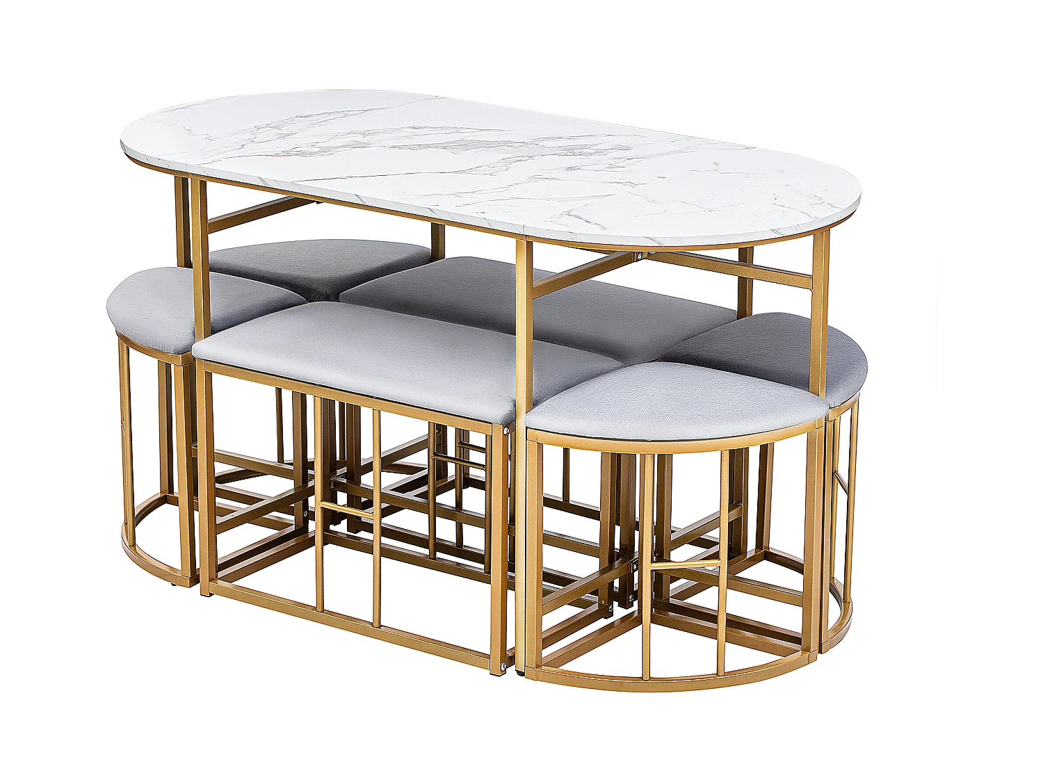 Eetkamerset met 6 krukken, witte MDF tafel en goudkleurig metalen frame, met fluwelen kussens (140x70x76 cm)