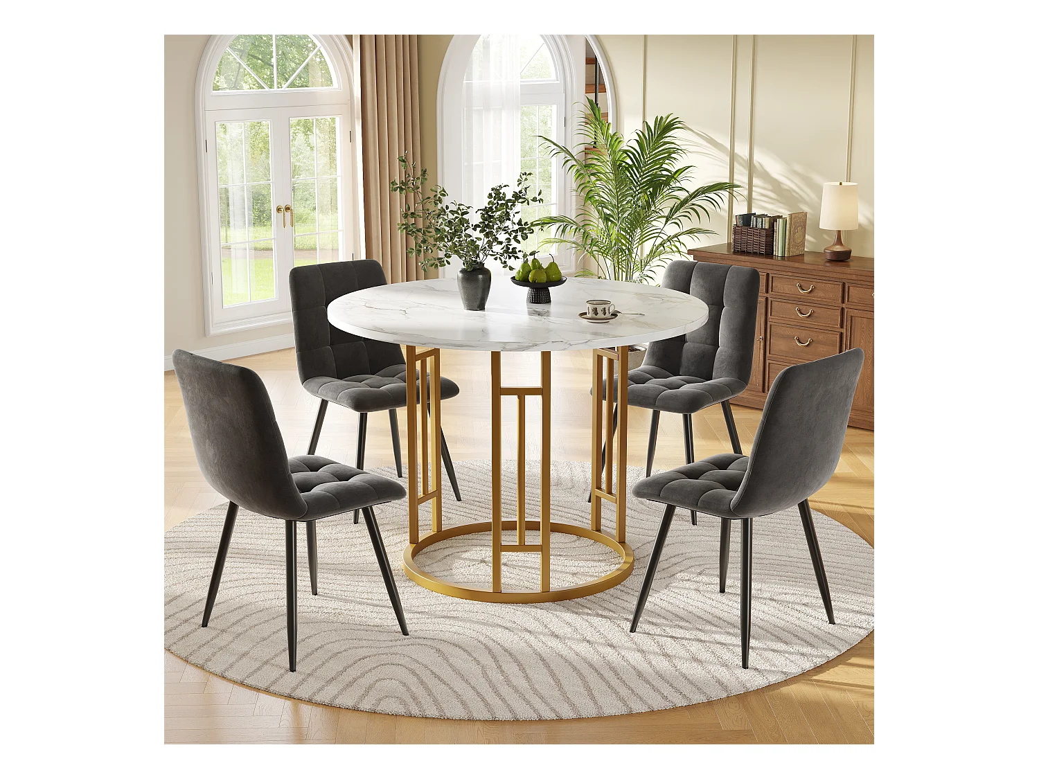 Compacte ronde eetkamerset, 4 grijze fluwelen stoelen, gemarmerd MDF-blad, gouden metalen poten (80x80x76cm)