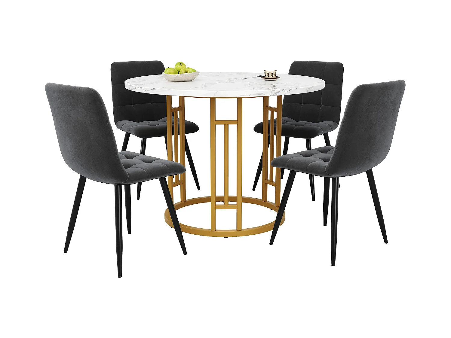 Compacte ronde eetkamerset, 4 grijze fluwelen stoelen, gemarmerd MDF-blad, gouden metalen poten (80x80x76cm)
