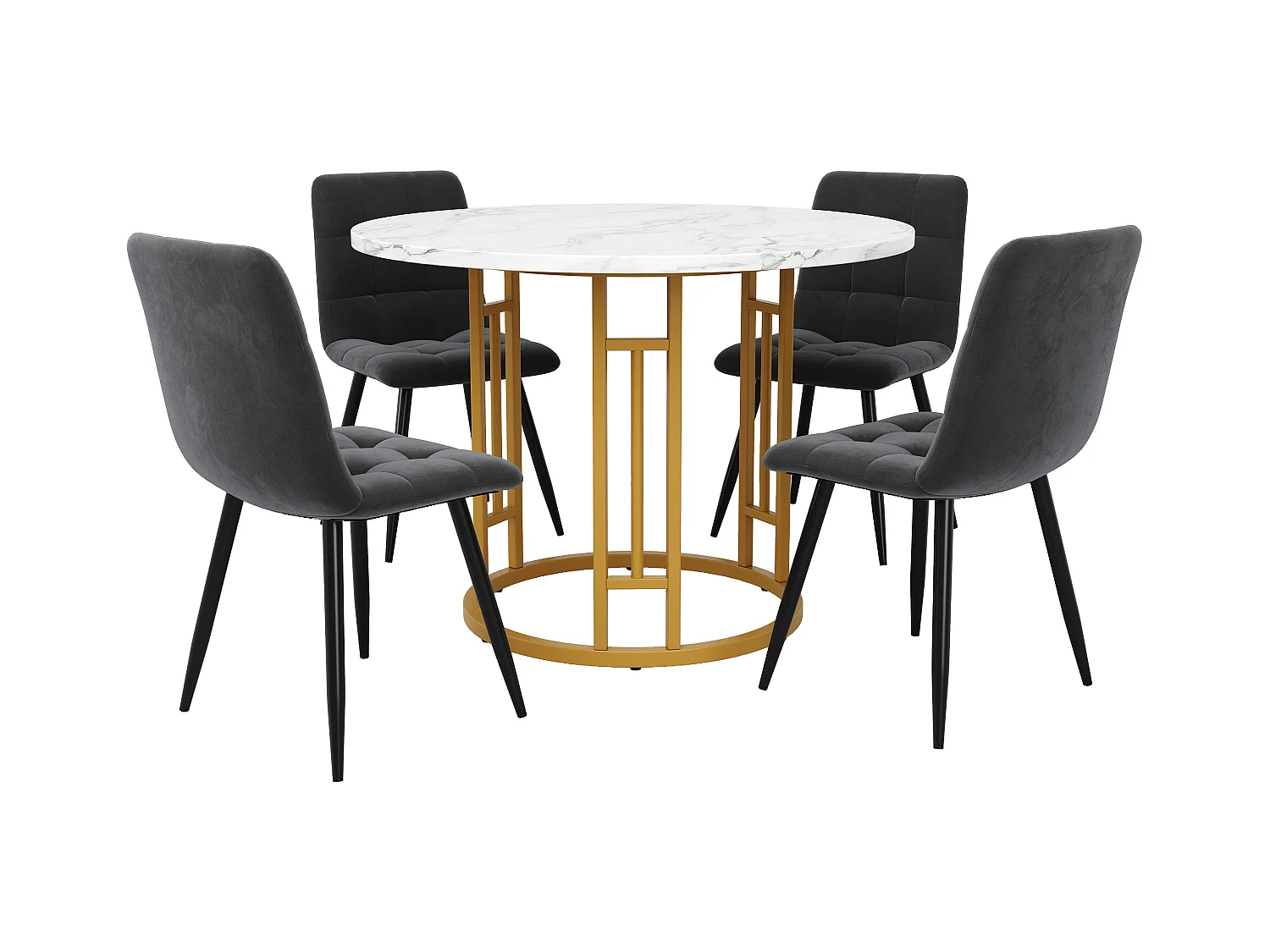 Compacte ronde eetkamerset, 4 grijze fluwelen stoelen, gemarmerd MDF-blad, gouden metalen poten (80x80x76cm)