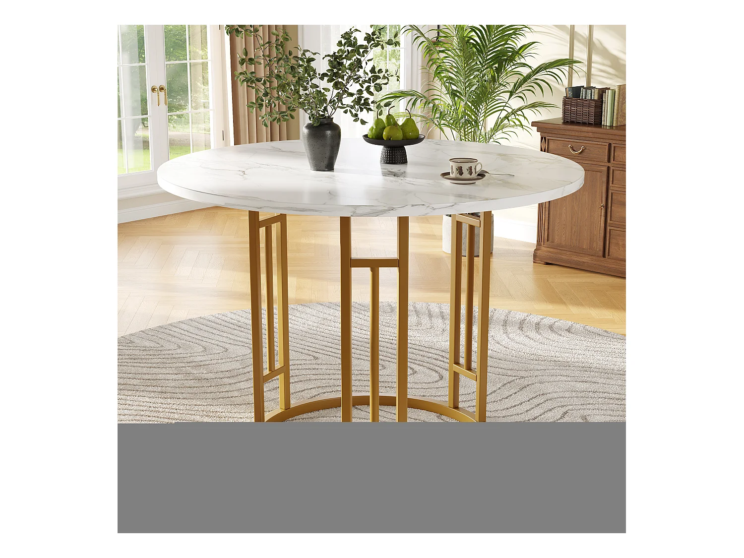 Compacte ronde eetkamerset, 4 grijze fluwelen stoelen, gemarmerd MDF-blad, gouden metalen poten (80x80x76cm)