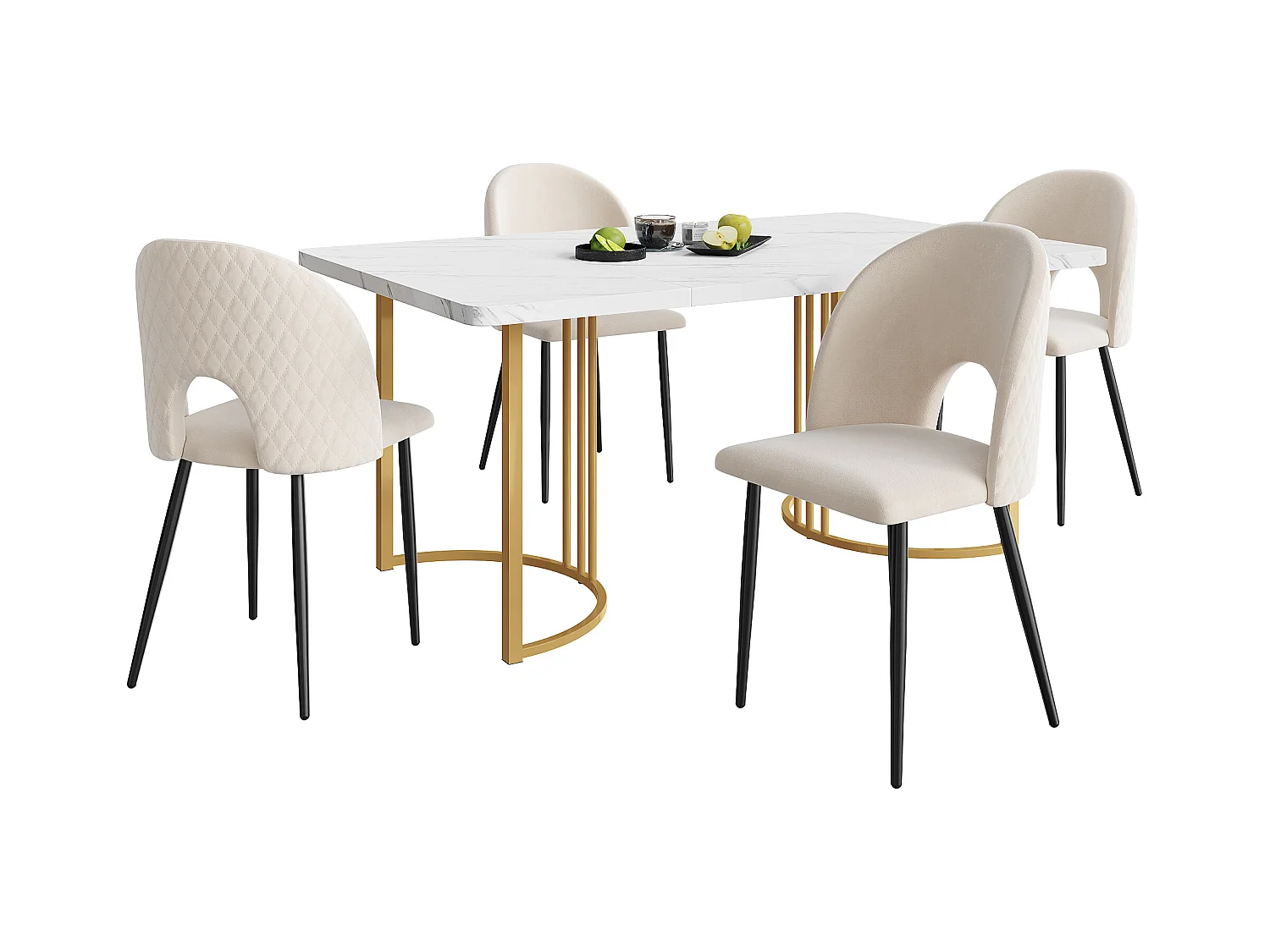 Ensemble de salle à manger (5 pièces), table 140x80 cm avec 4 chaises en velours beige, pied noir et doré, MDF blanc (140x80x75 cm)