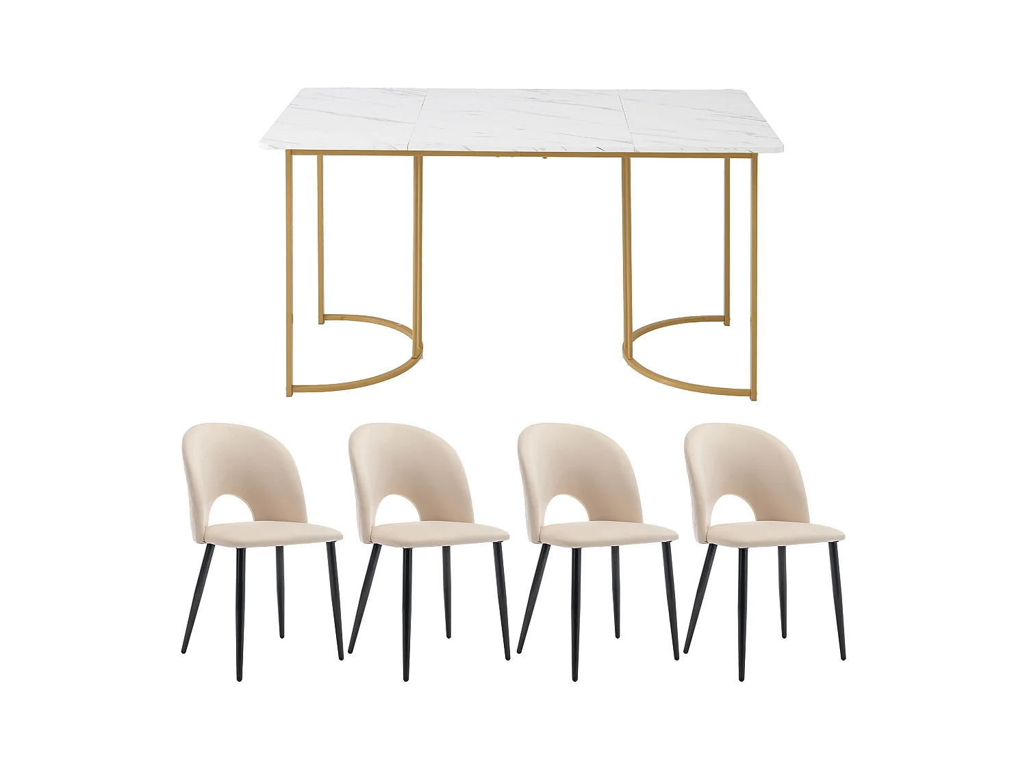 Ensemble de salle à manger (5 pièces), table 140x80 cm avec 4 chaises en velours beige, pied noir et doré, MDF blanc (140x80x75 cm)