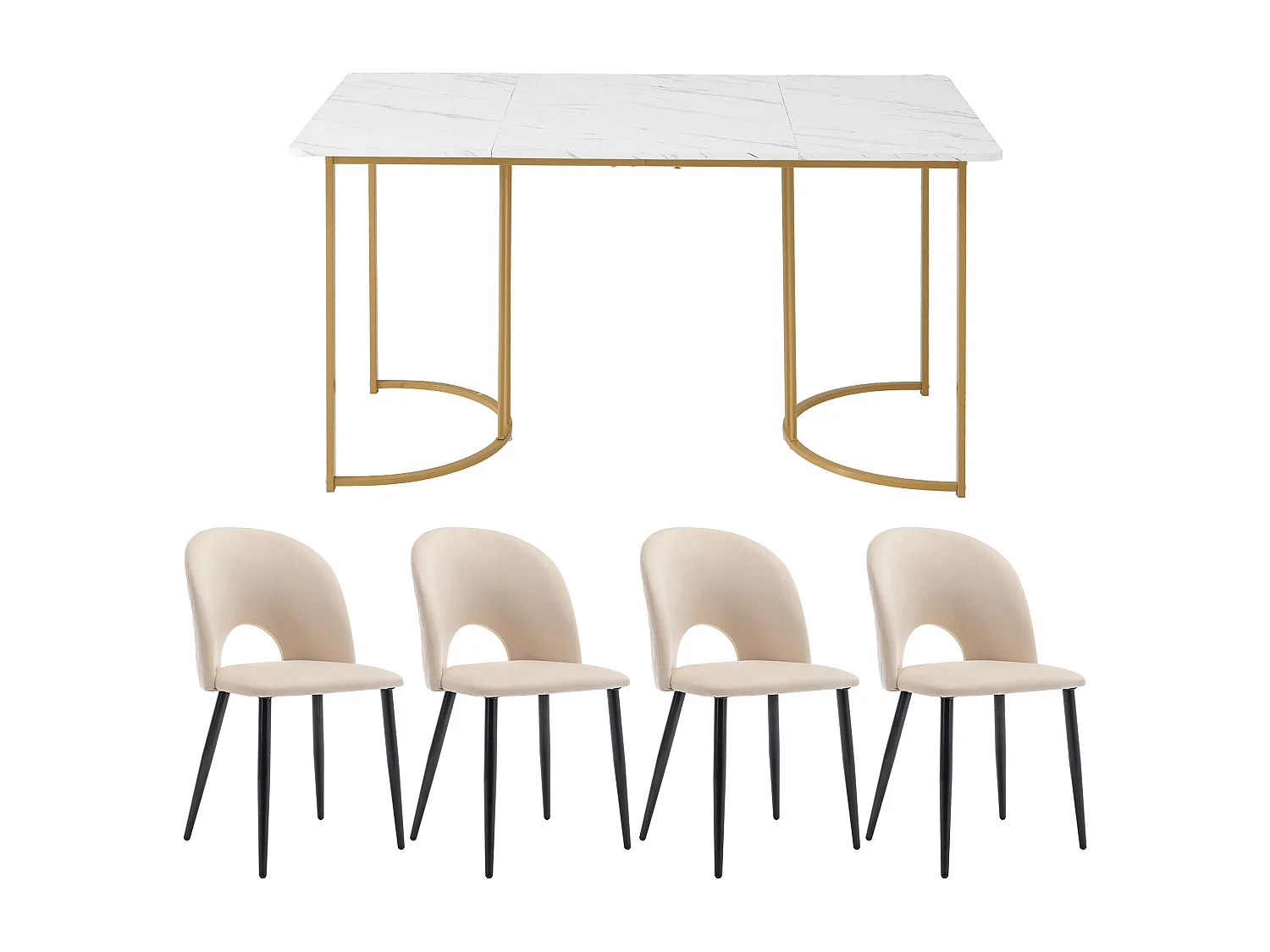 Set da pranzo (5 pezzi), tavolo 140x80 cm con 4 sedie in velluto beige, gambe nere e oro, MDF bianco (140x80x75 cm)