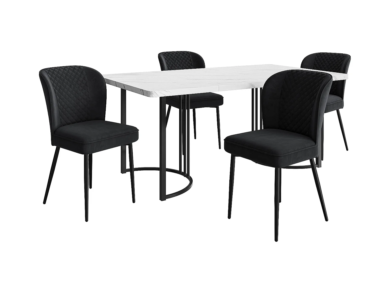 Ensemble de salle à manger, table 140x80x75 cm avec 4 chaises, design moderne, MDF blanc, pieds noirs métalliques, chaises en velours beige/ or