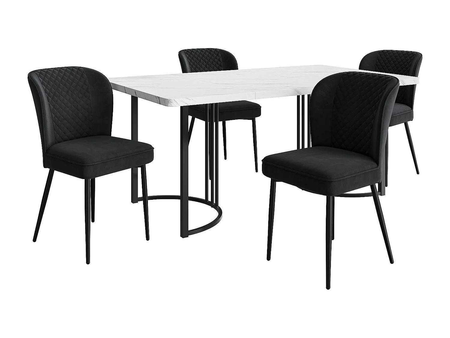 Eetkamerset, tafel 140x80x75 cm met 4 stoelen, modern design, wit MDF, zwarte metalen poten, beige/gouden fluwelen stoelen