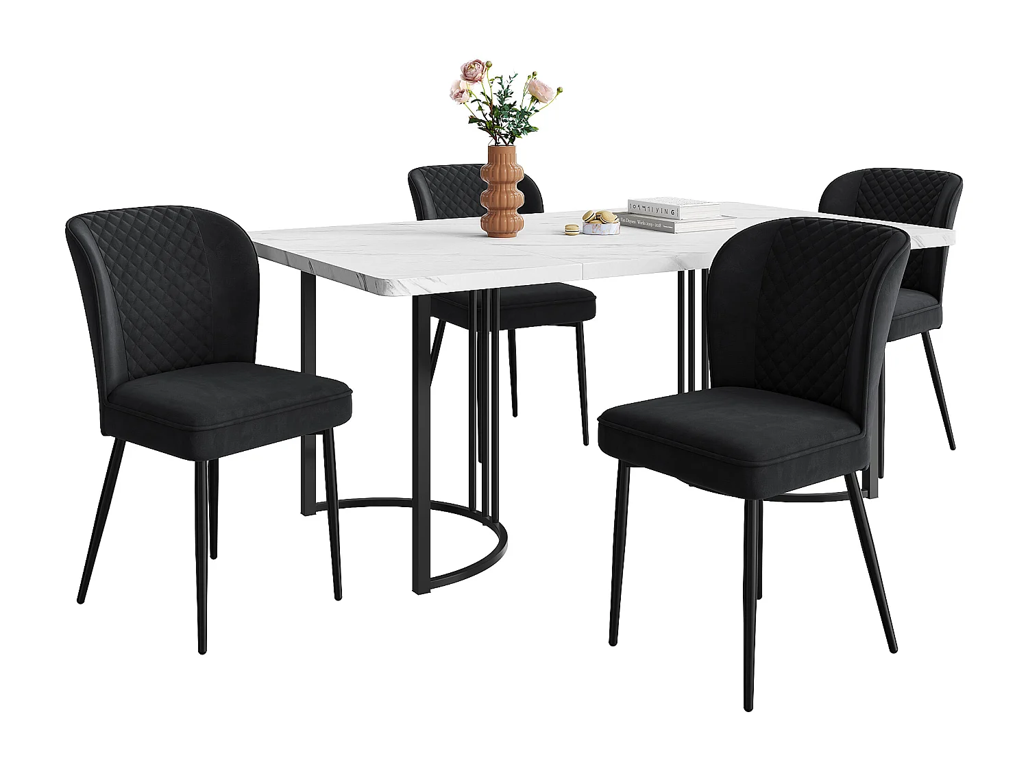 Eetkamerset, tafel 140x80x75 cm met 4 stoelen, modern design, wit MDF, zwarte metalen poten, beige/gouden fluwelen stoelen