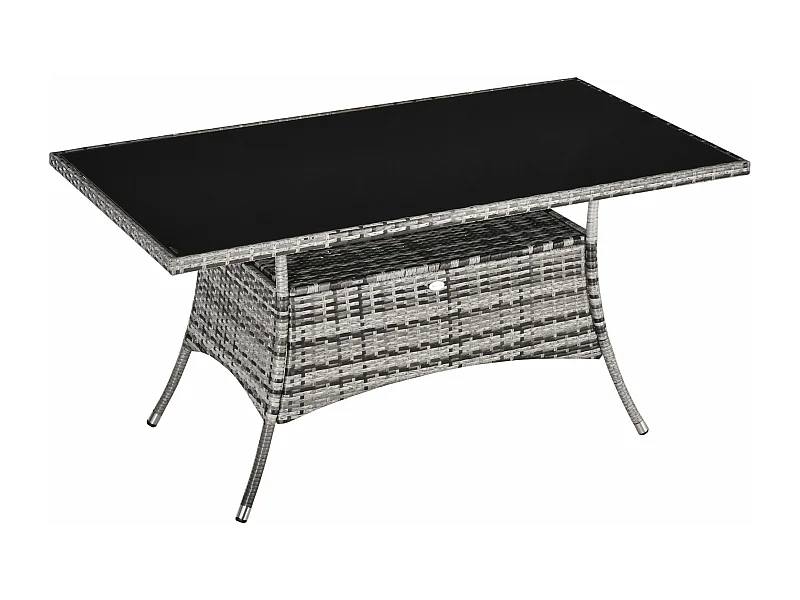 Polyrotan tuintafel met veiligheidsglas blad, modern design, metaal, grijszwart (150x85x74cm)