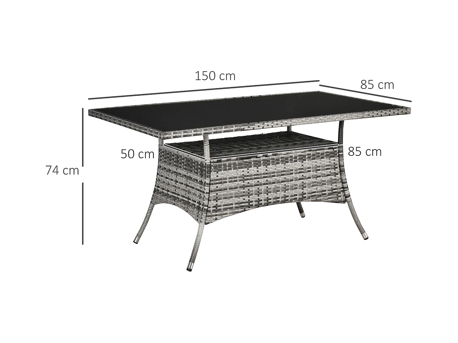 Polyrotan tuintafel met veiligheidsglas blad, modern design, metaal, grijszwart (150x85x74cm)