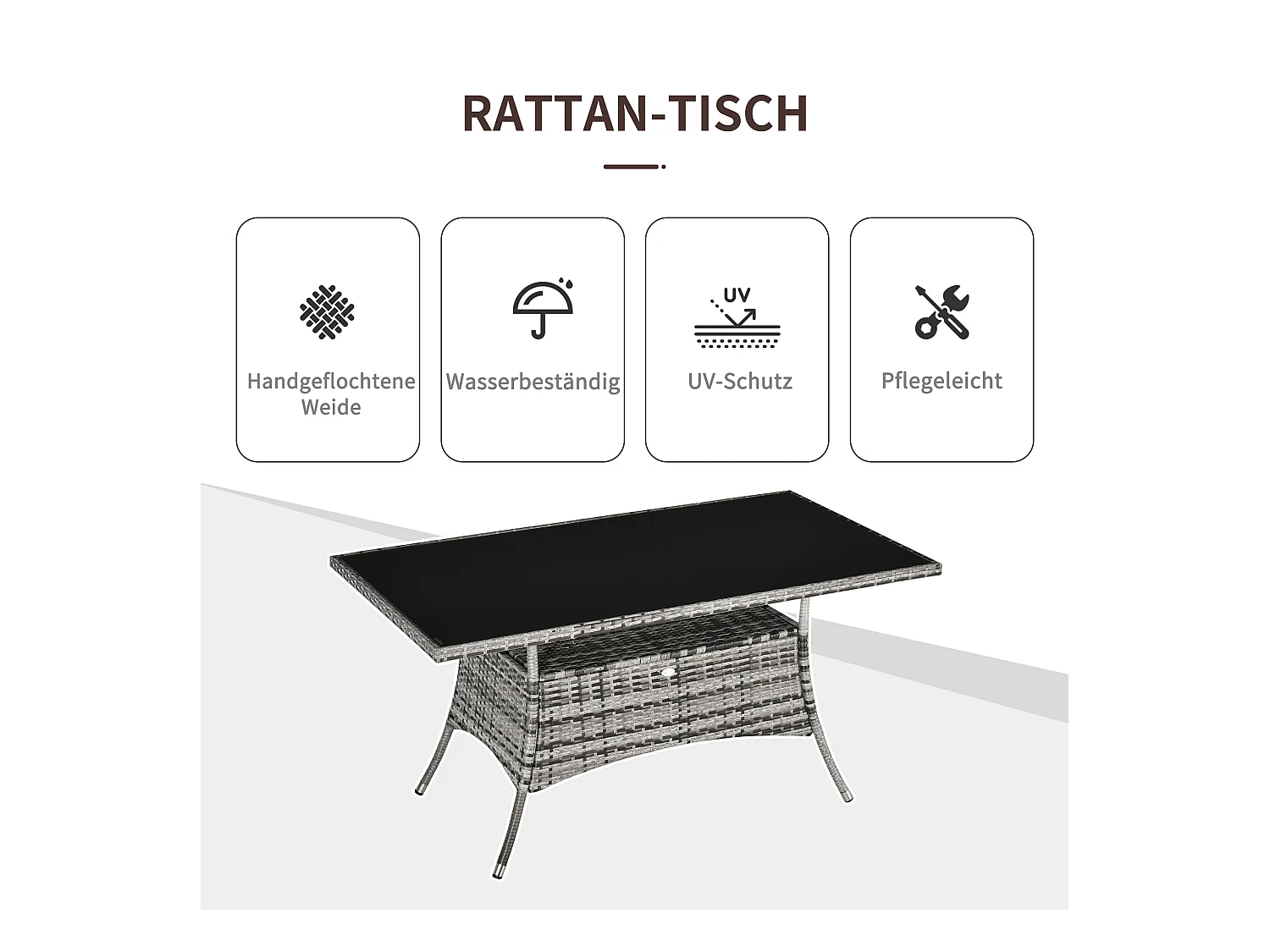 Polyrotan tuintafel met veiligheidsglas blad, modern design, metaal, grijszwart (150x85x74cm)