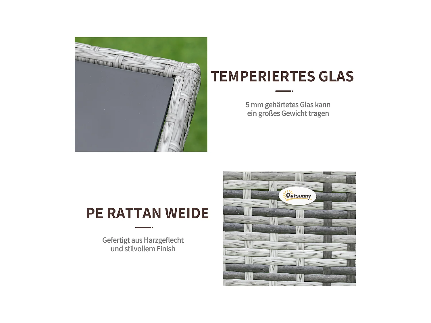 Polyrotan tuintafel met veiligheidsglas blad, modern design, metaal, grijszwart (150x85x74cm)