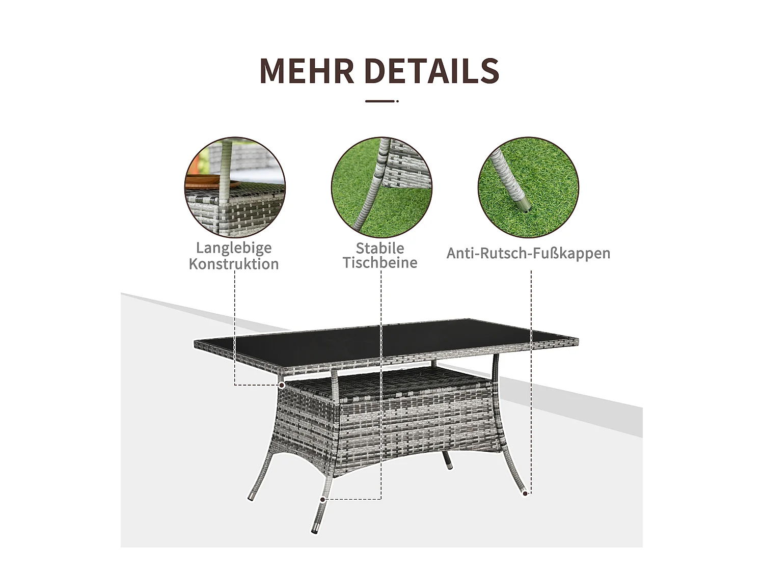 Polyrotan tuintafel met veiligheidsglas blad, modern design, metaal, grijszwart (150x85x74cm)