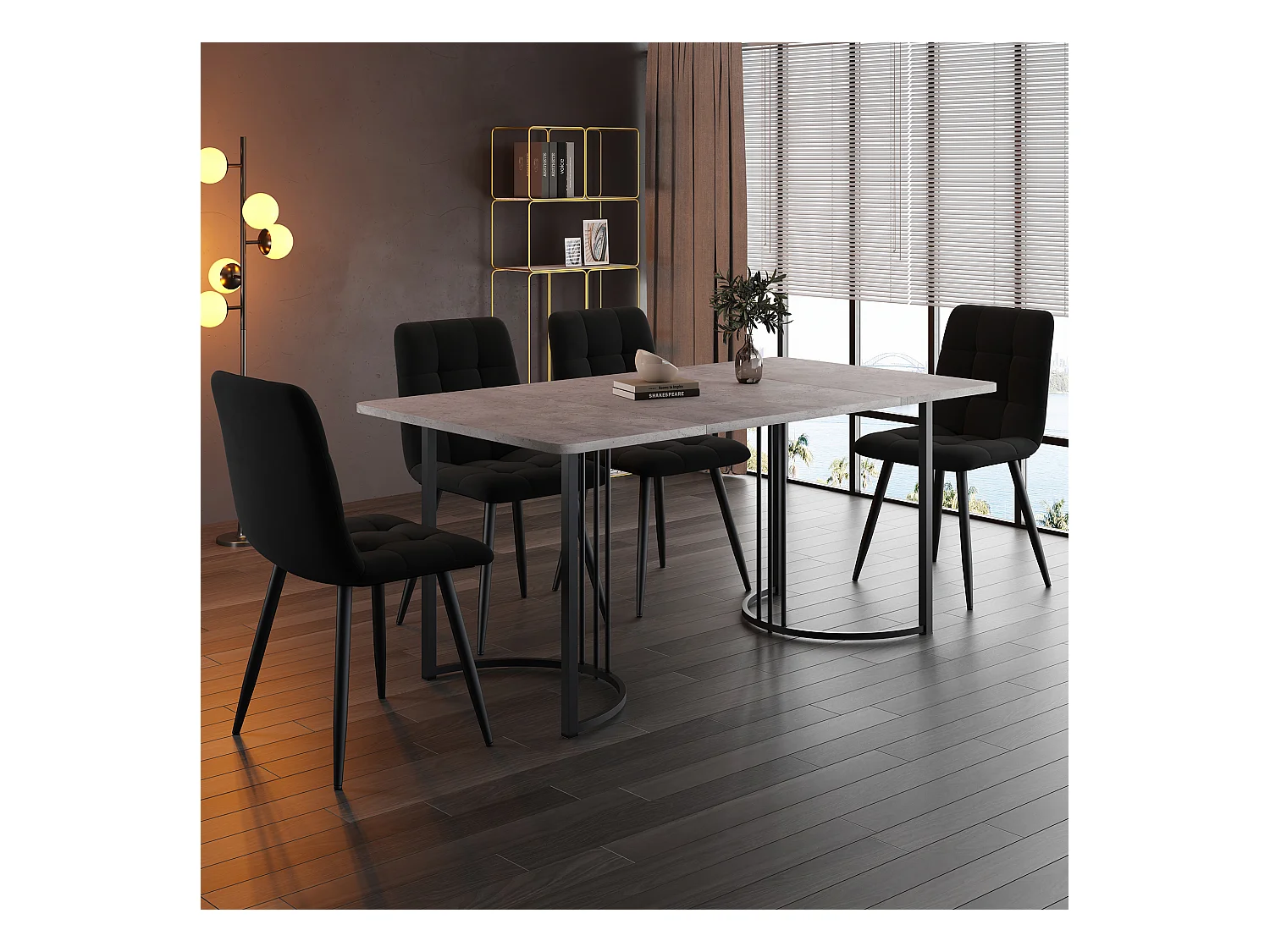 Conjunto de comedor de 5 piezas, mesa de 140x80x75 cm en MDF gris con patas de metal negro, 4 sillas de terciopelo negro