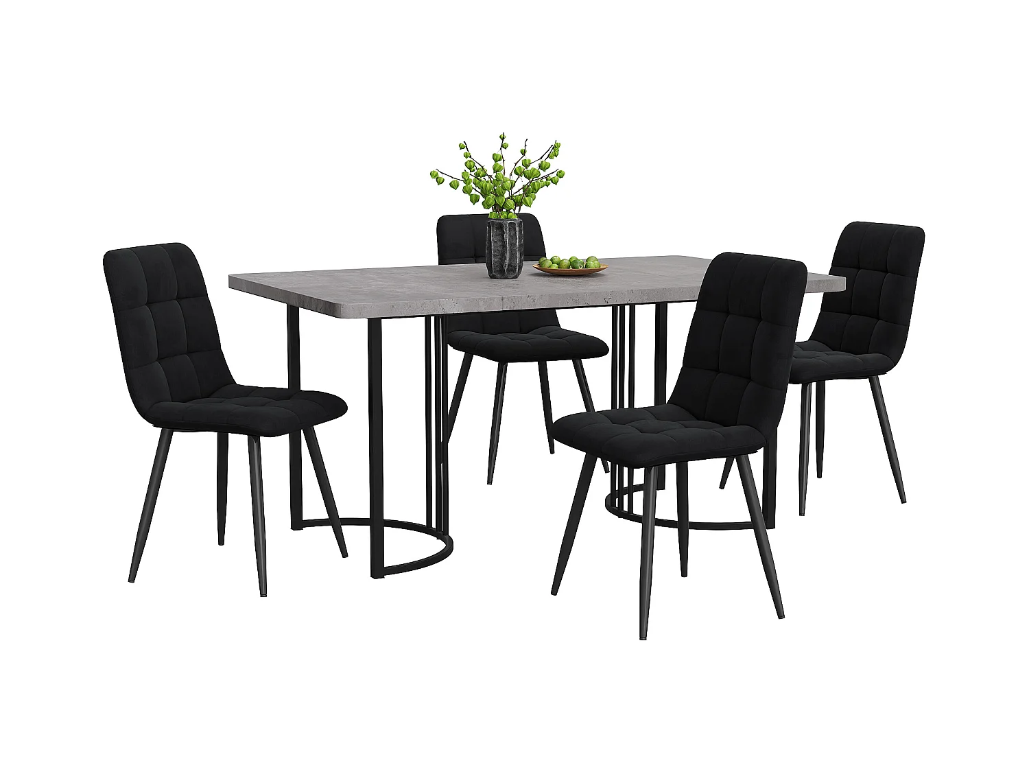Conjunto de comedor de 5 piezas, mesa de 140x80x75 cm en MDF gris con patas de metal negro, 4 sillas de terciopelo negro