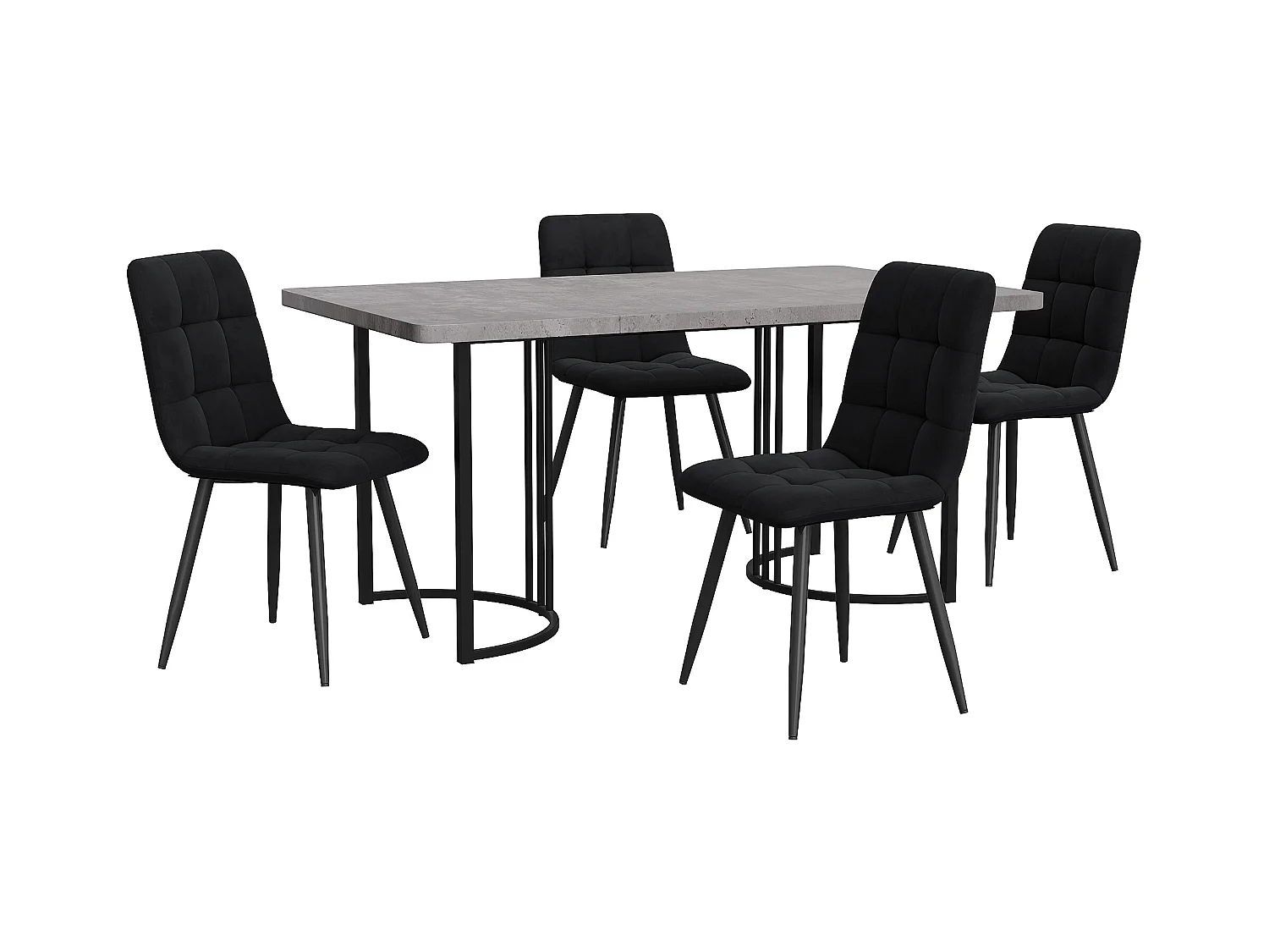 Conjunto de comedor de 5 piezas, mesa de 140x80x75 cm en MDF gris con patas de metal negro, 4 sillas de terciopelo negro
