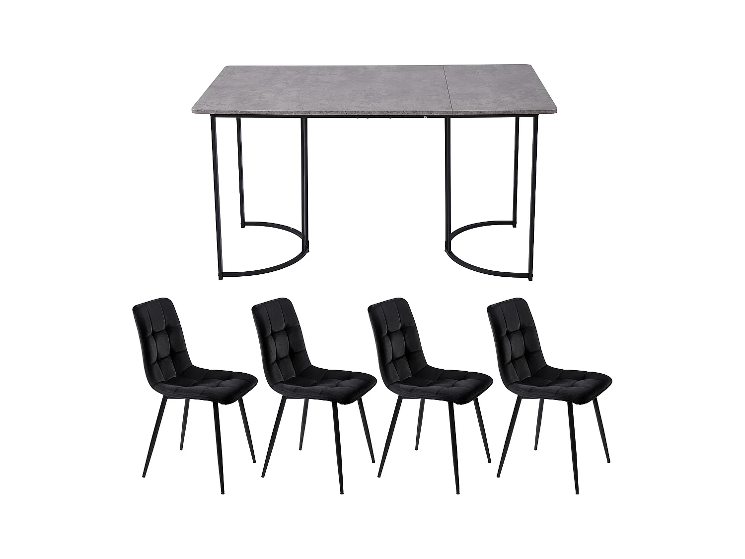 Conjunto de comedor de 5 piezas, mesa de 140x80x75 cm en MDF gris con patas de metal negro, 4 sillas de terciopelo negro